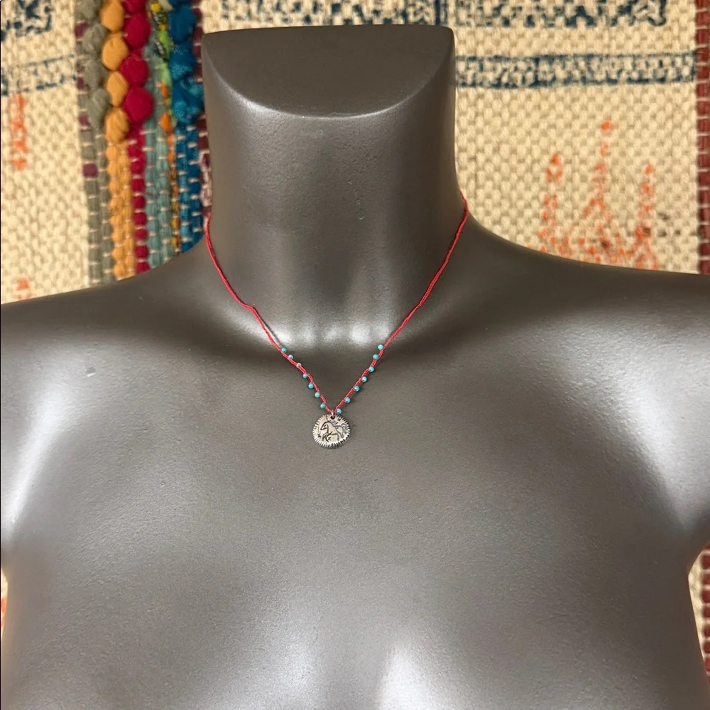 Boho Red Cord Necklace with Turquoise Beads and Sun Medallion - Picture 6 of 6